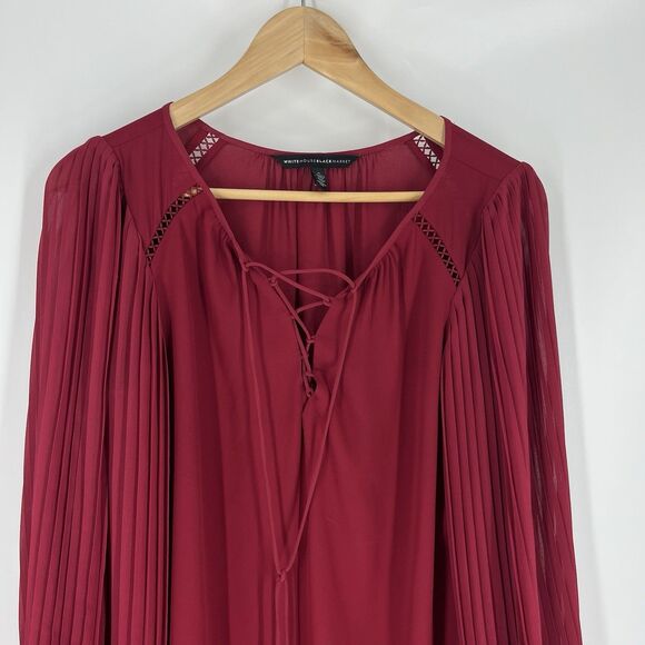 White House Black Market Top Size 6 Womens Red Semi Sheer Tassel Tie Lace Up - Picture 2 of 9